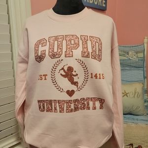 A Gildan Cupid University printed light pink sweatshirt.